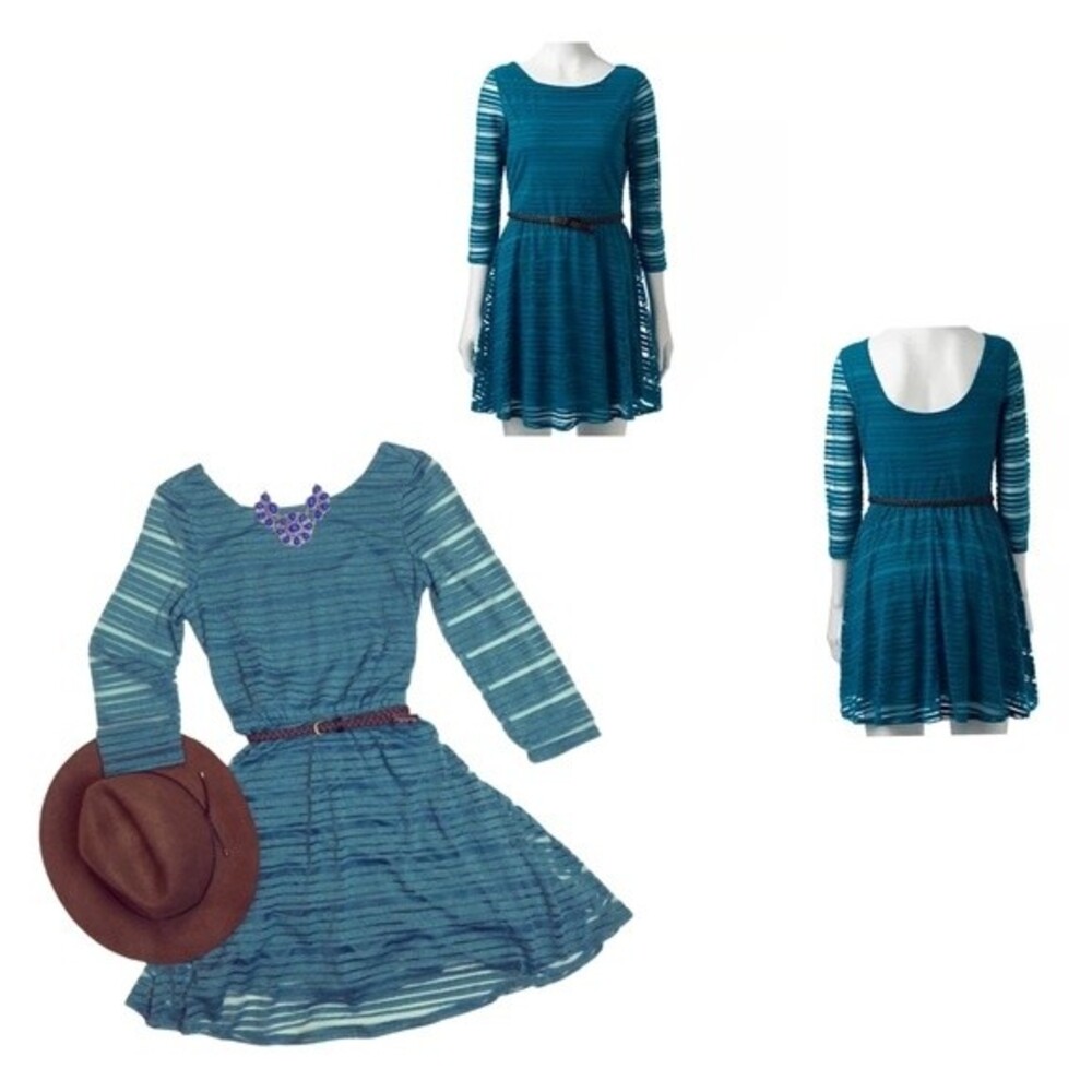 Lily Rose shadow striped teal green belted dress size small